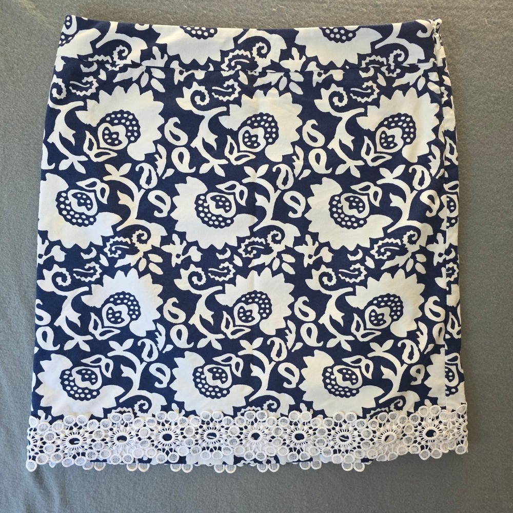 Talbots Petites Navy White Floral Lace Trim Pencil Skirt Size 6P